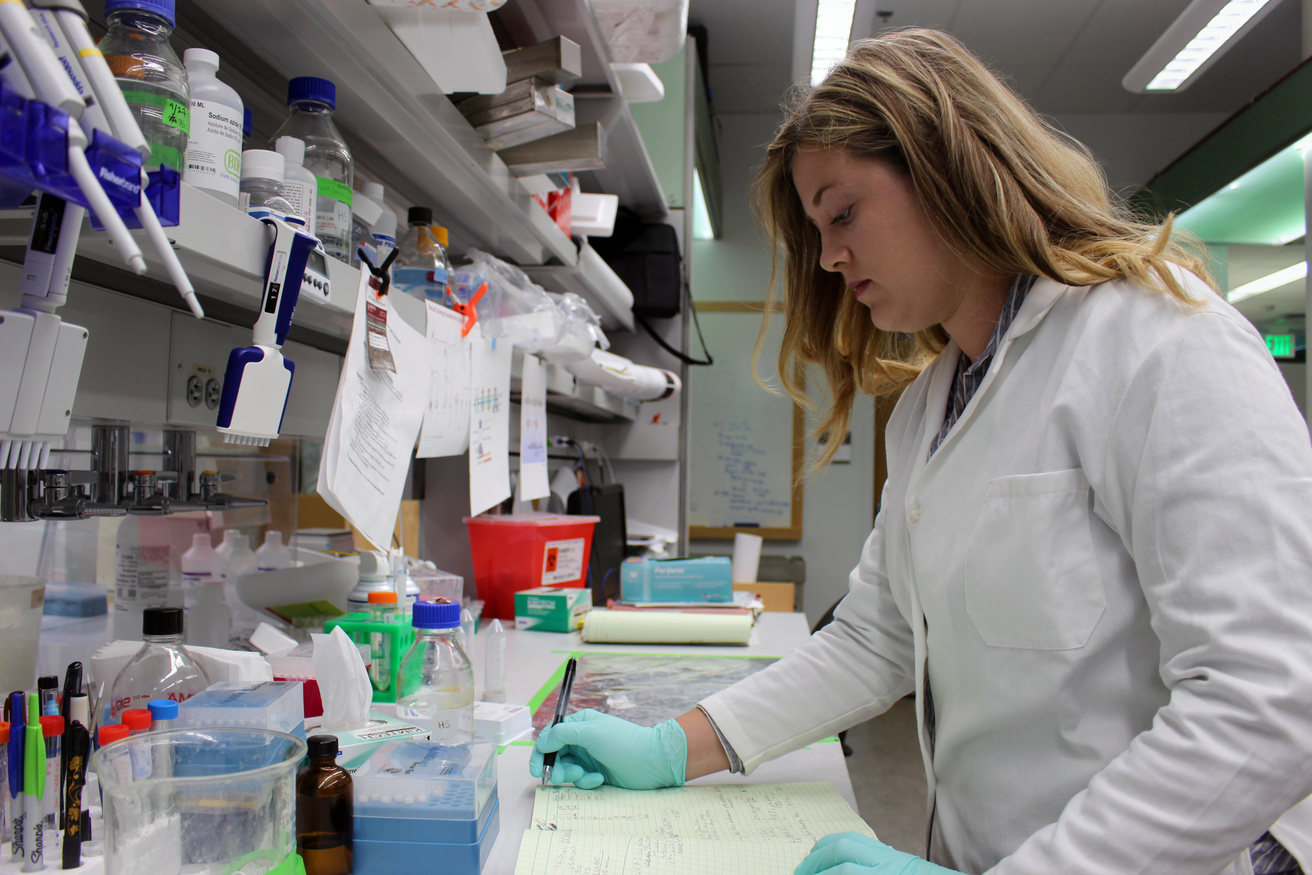 Serena Gumusoglu conducts research in her mentor's lab.