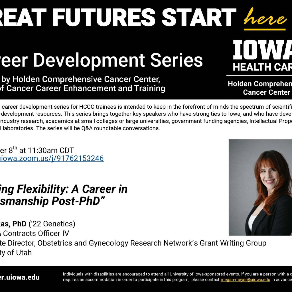 Holden Comprehensive Cancer Center Virtual Career Development Series - Genetics alumna, Kim Bekas, PhD promotional image