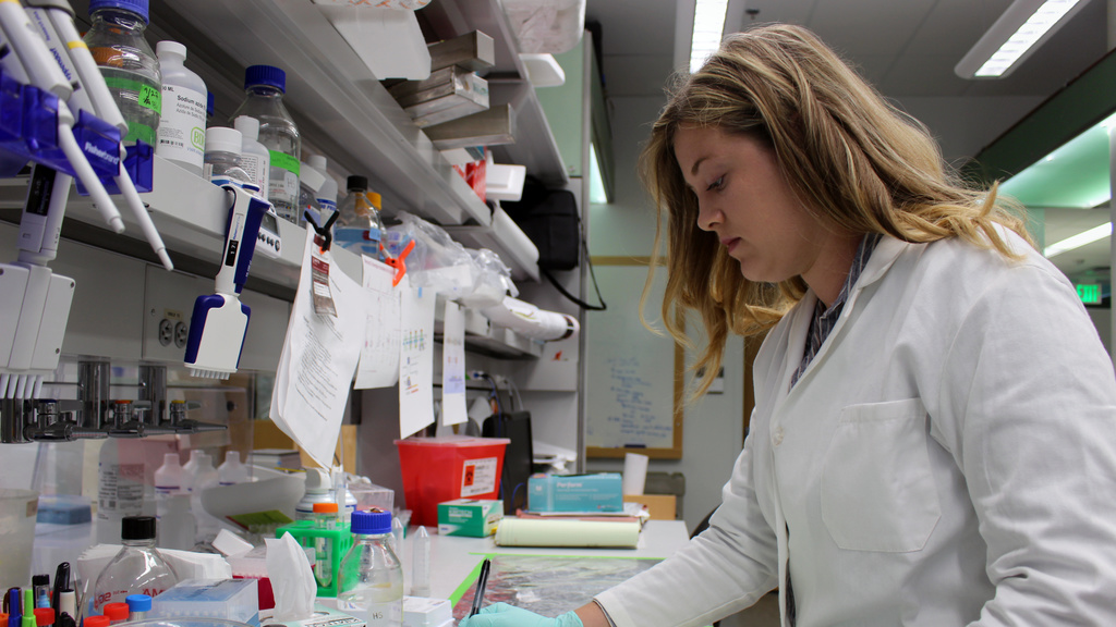 Serena Gumusoglu conducts research in her mentor's lab.